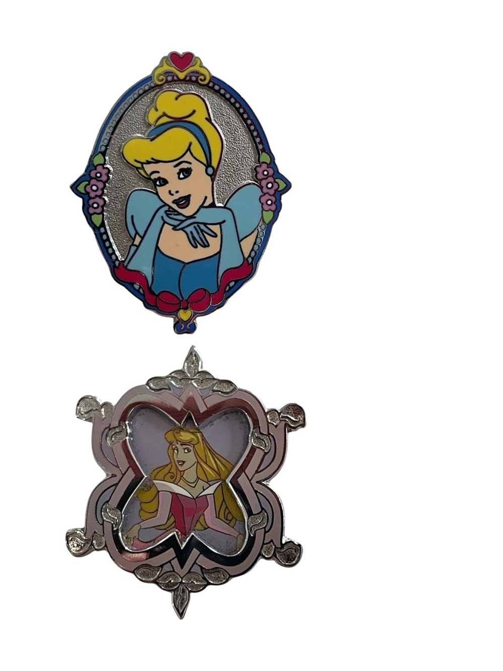 Disney Pins Set of 2 Aurora and Cinderella 3D Princess Portrait Frame 2004 EUC